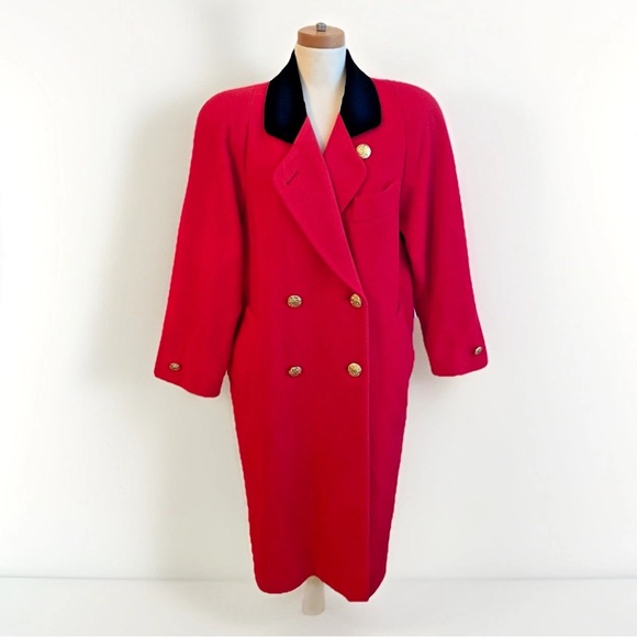 London Fog Jackets & Blazers - Vintage 80s London Fog Red Wool Long Coat Black Velvet Collar Gold Button 10 P